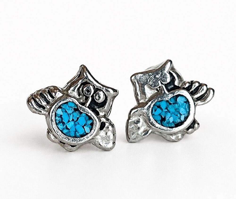 Native Style Turquoise Inlay Nickel Silver Owl Stud Earrings Southwestern 1/4”